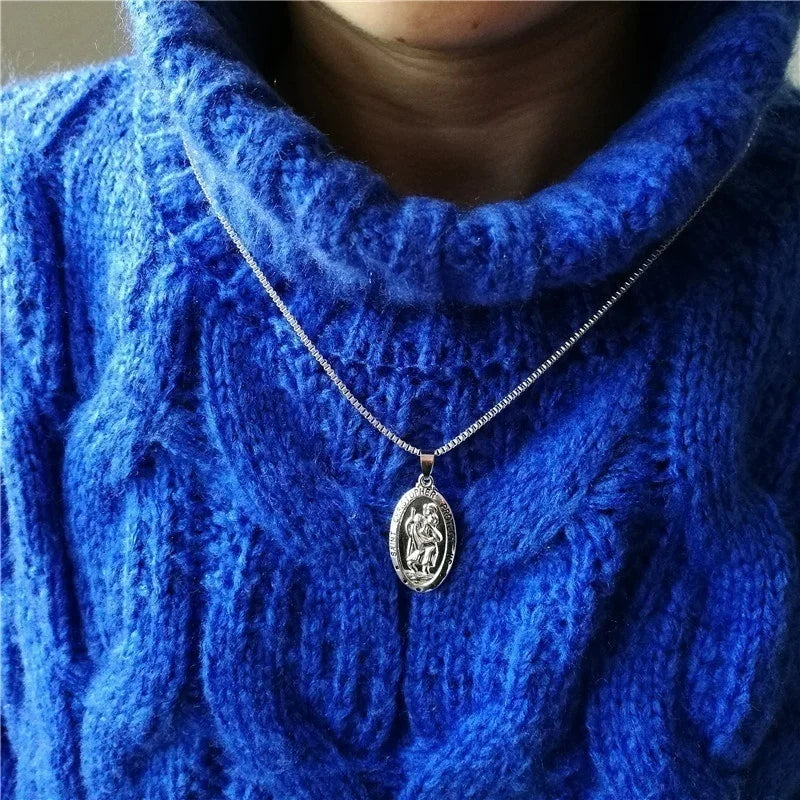 Trendy St. Christopher Pattern Oval Pendant Necklace Women's Necklace Fashion Clavicle Chain Pendant Accessories Party