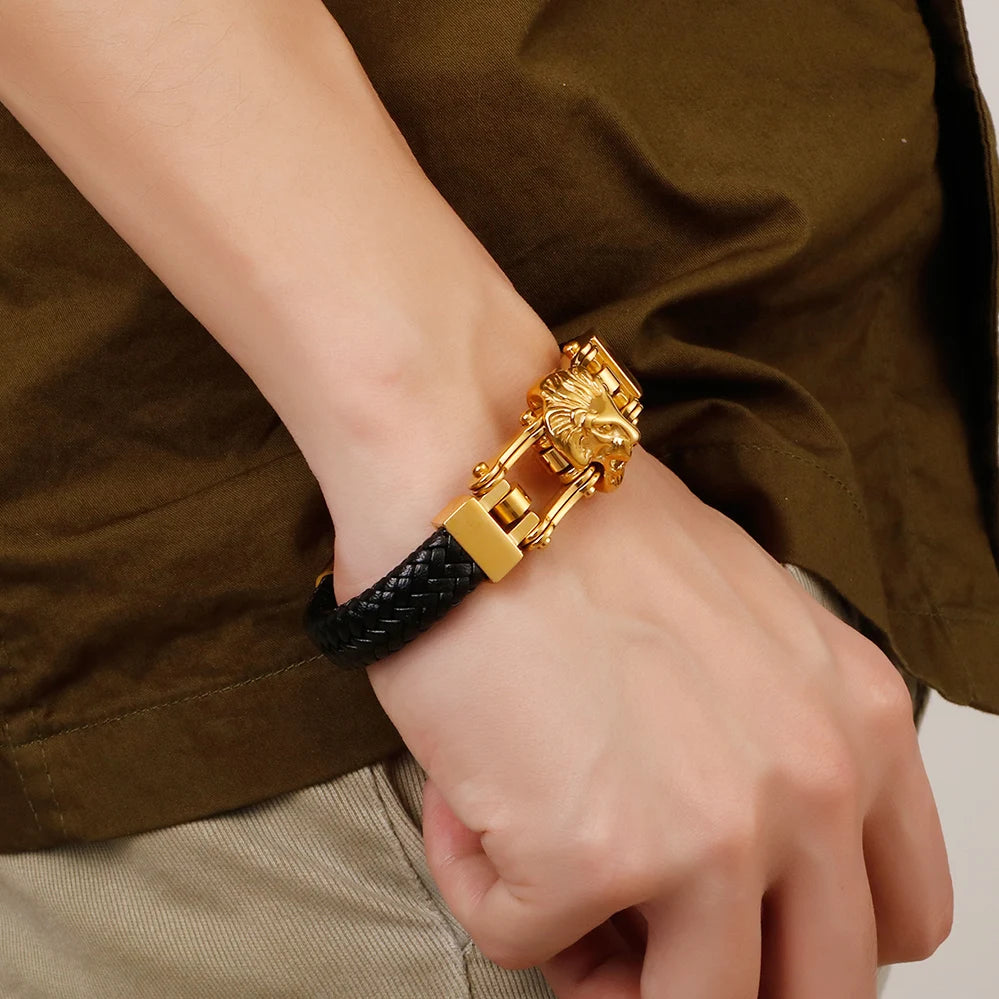 Punk Goth Lion Head Men's Bracelets & Bangles Braided Genuine Leather Man Bracelet Gold Color Stainless Steel Bike