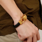 Punk Goth Lion Head Men's Bracelets & Bangles Braided Genuine Leather Man Bracelet Gold Color Stainless Steel Bike