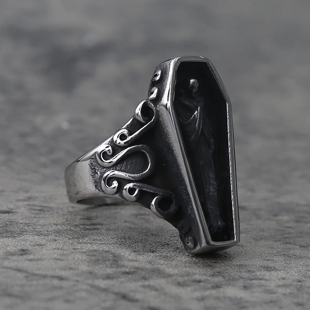 Unique Zombie Vampire Skull Biker Men's Ring Black Stainless Steel Punk Coffin Rings For Men Gothic Ring Wholesale Jewelry Gift
