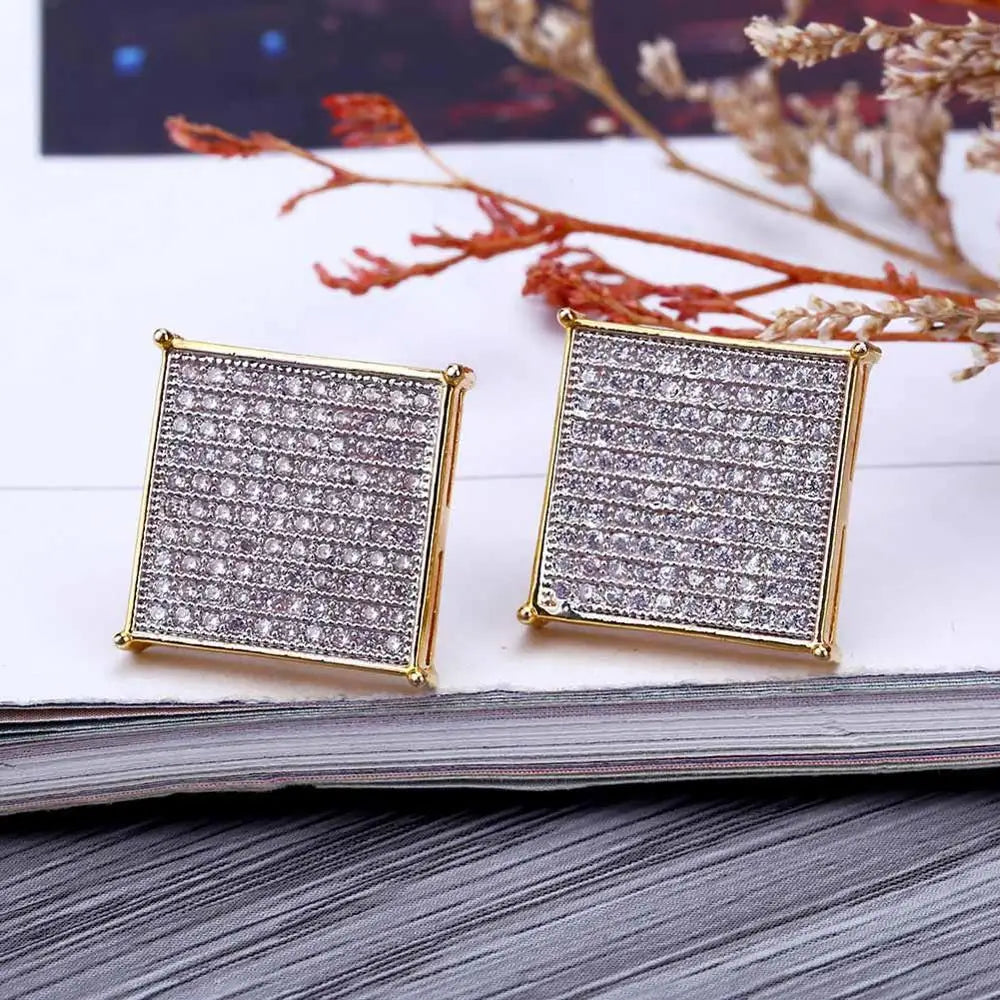 Iced Out Square Stud Earrings — Micro Pave CZ, Gold-Tone