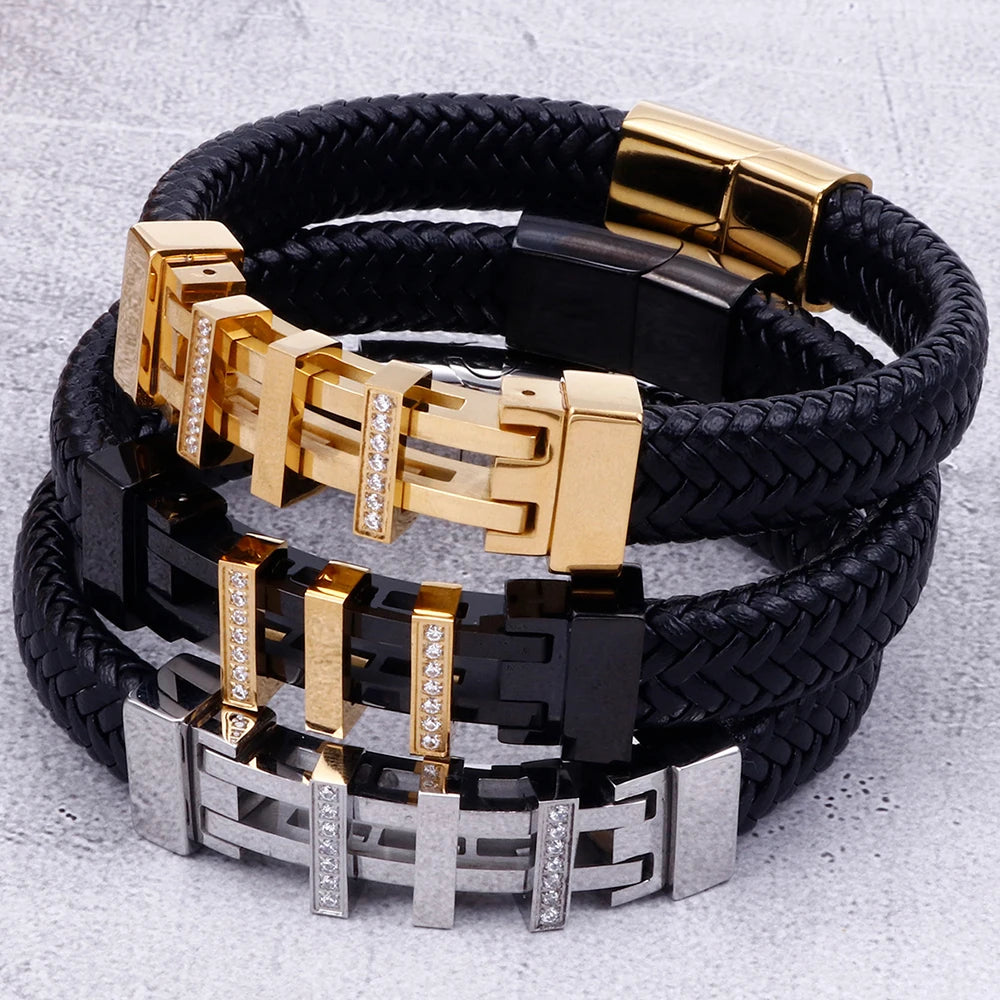 Rope Chain Wrap Leather Bracelet for Man Polished Stainless Steel Men's Charm Bracelets Handmade Male Jewelry Wrist On