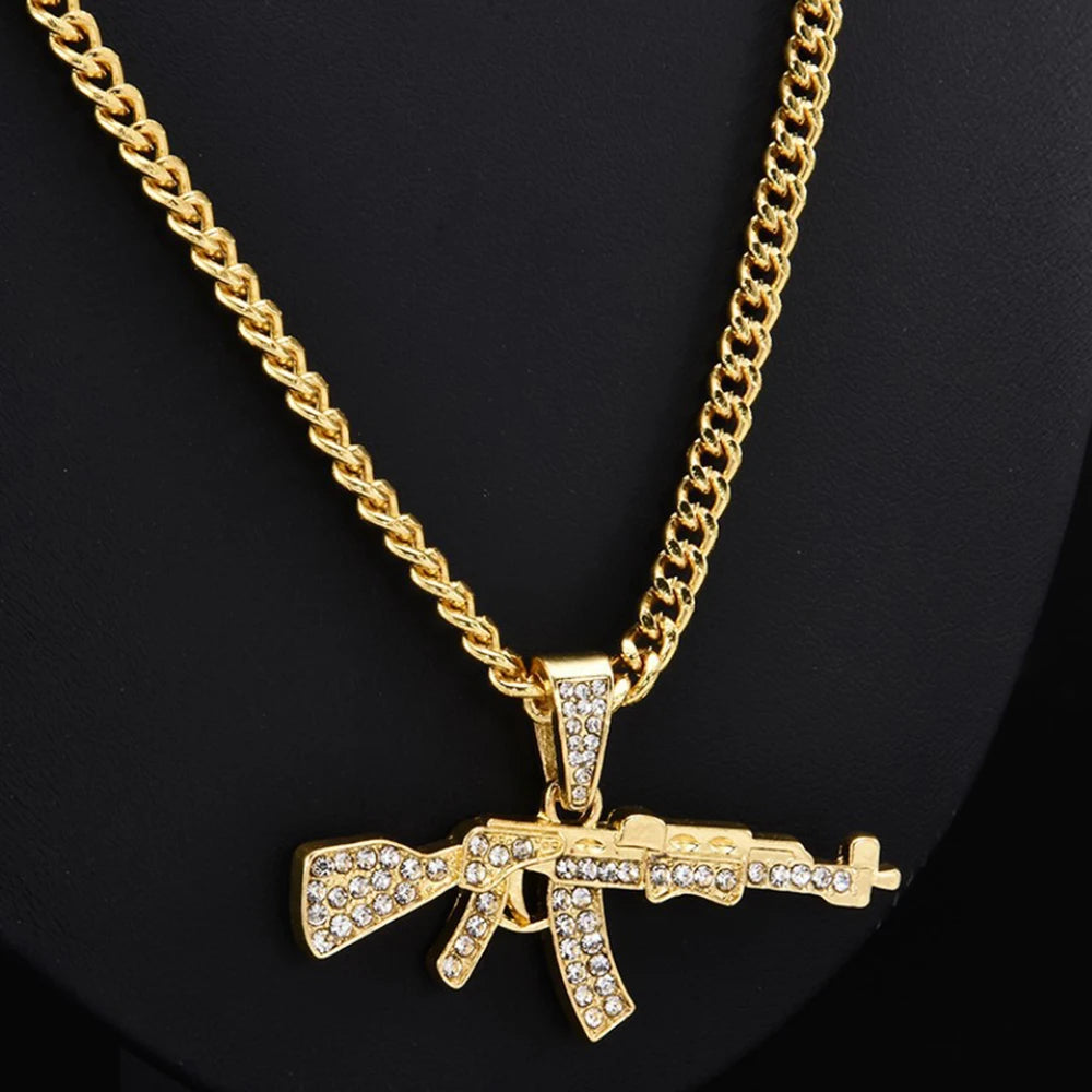 Gun Pendant Crystal Choker Rhinestone Chain Necklace — Two-Tone
