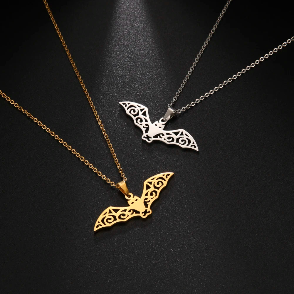 Flying Bat Cutout Pendant Necklace — Stainless Steel