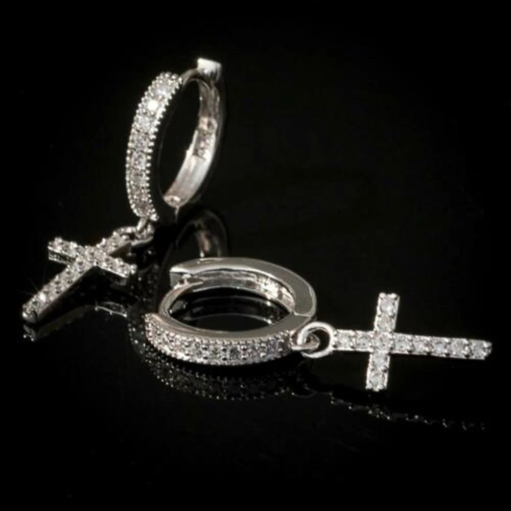 Iced Out Cross Drop Huggie Hoop Earrings with CZ Crystal