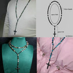 Tiger Eye Black Obsidian Rosary Cross Necklace — Black-Tone, 8mm