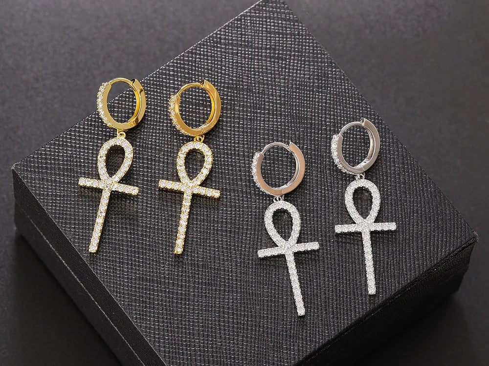 Iced Out Ankh Dangle Hoop Earrings CZ