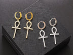 Iced Out Ankh Dangle Hoop Earrings CZ