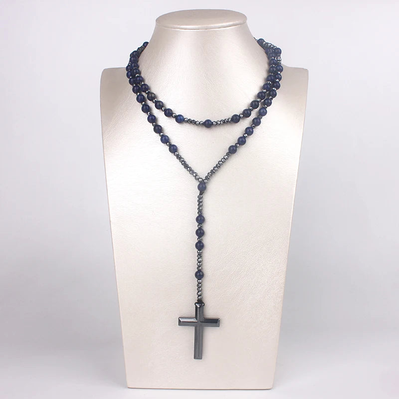 Ntural Rosary Tiger-Eye Lapis Lazuli Spectrolite Beads Long Necklace Hematite Cross Pendant Religious Jewelry