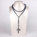 Ntural Rosary Tiger-Eye Lapis Lazuli Spectrolite Beads Long Necklace Hematite Cross Pendant Religious Jewelry