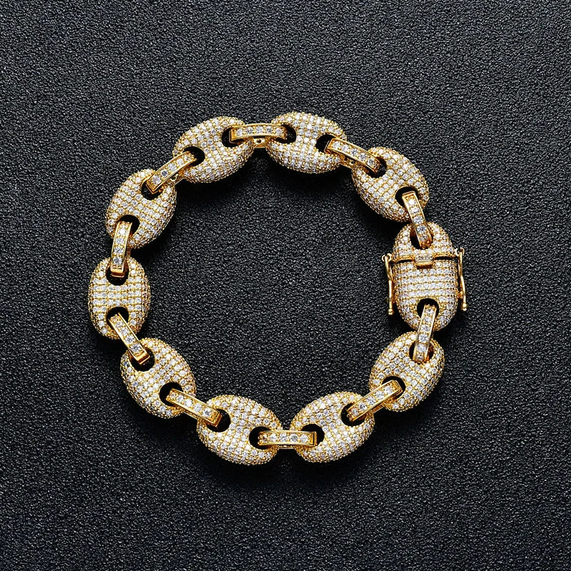 12mm wide Hip Hop CZ Stone Paved Bling Iced Out Solid Coffee Beans Link Chain Bracelets for Men Women Fashion Rapper