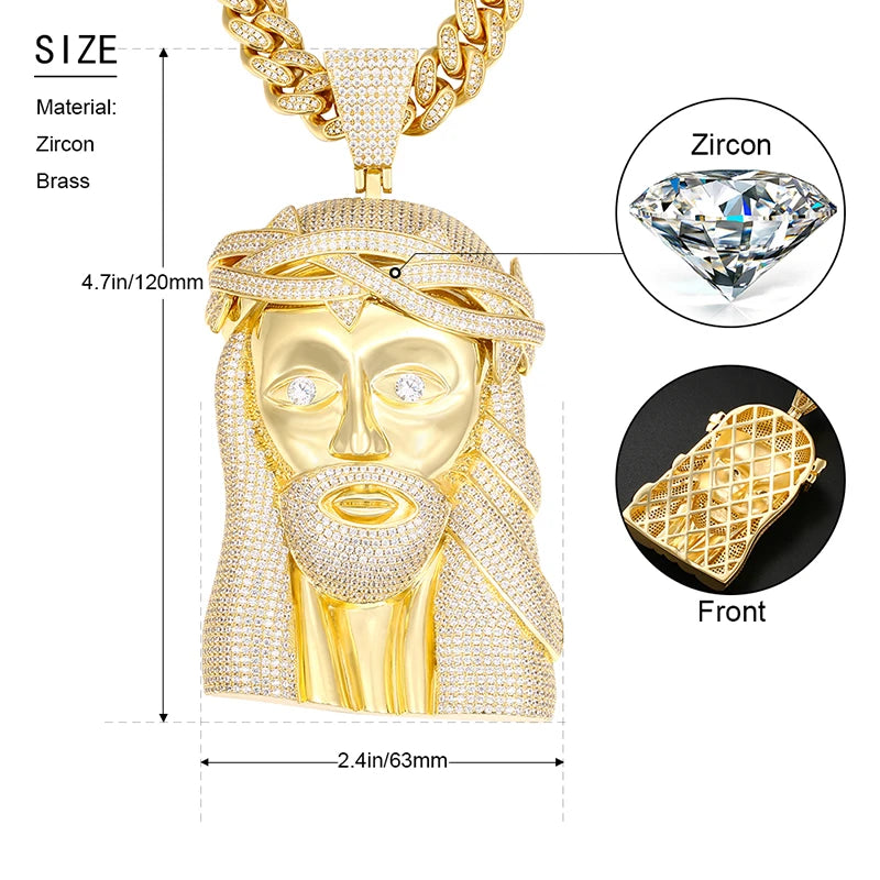 Super Big Gold Colour Jesus Copper Iced Out Cubic Zirconia Pendant Necklace For Men's Hip Hop Jewelry Wholesale Drop Shipping