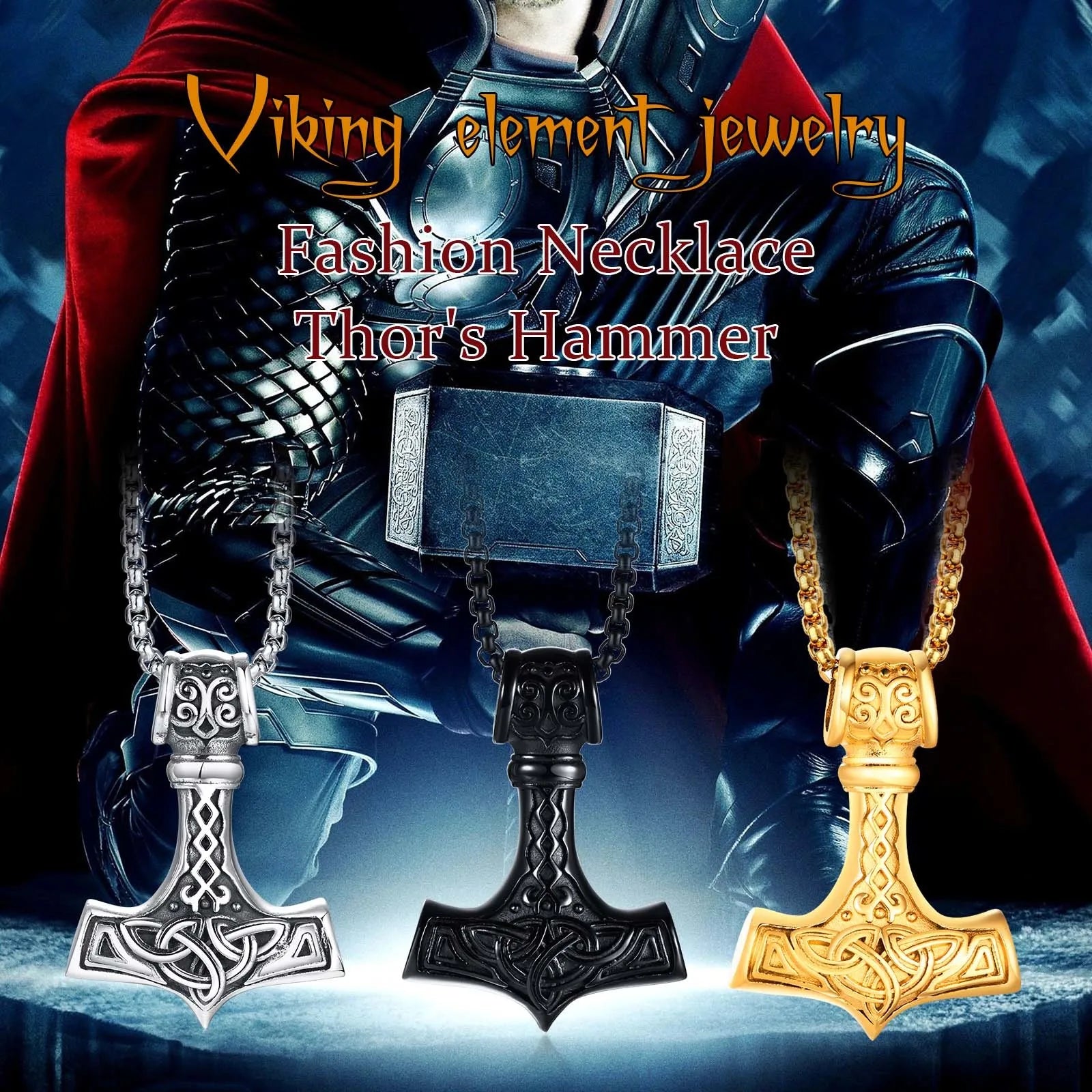 Vnox Vintage Men Norse Viking Necklaces,Rock Punk Retro Thor Mjolnir Hammer Pendant,Scandinavian Nodic Amulet Rune Neck