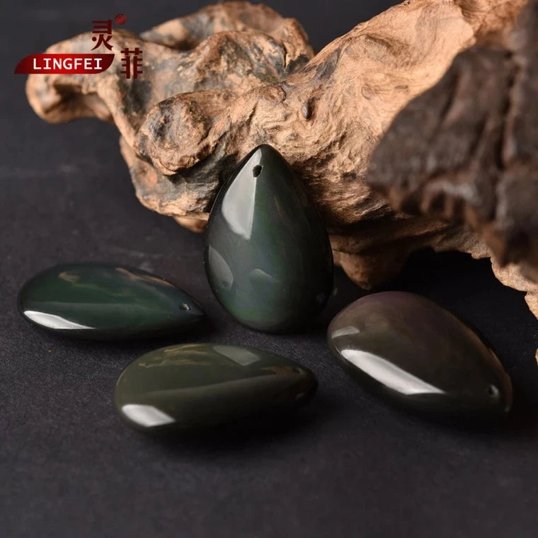 Natural Black Obsidian Rainbow Green Purple Flash Light Pendant Water Drop Necklace Drop Shipping