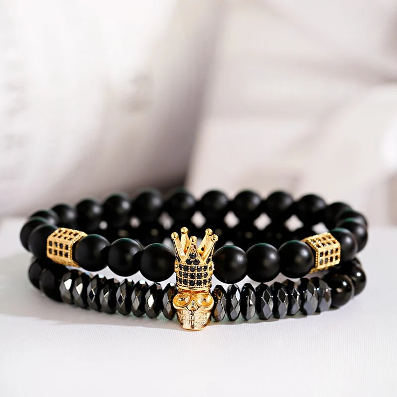 Luxury Men Stone Beads Skull Erkek Bileklik Bracelet Set Black CZ Crown Copper Bracelets For Women Pulseras Mujer