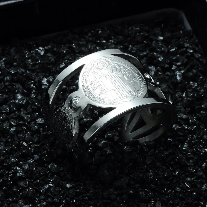 Saint Benedict Medal Cutout Open Ring — Stainless Steel
