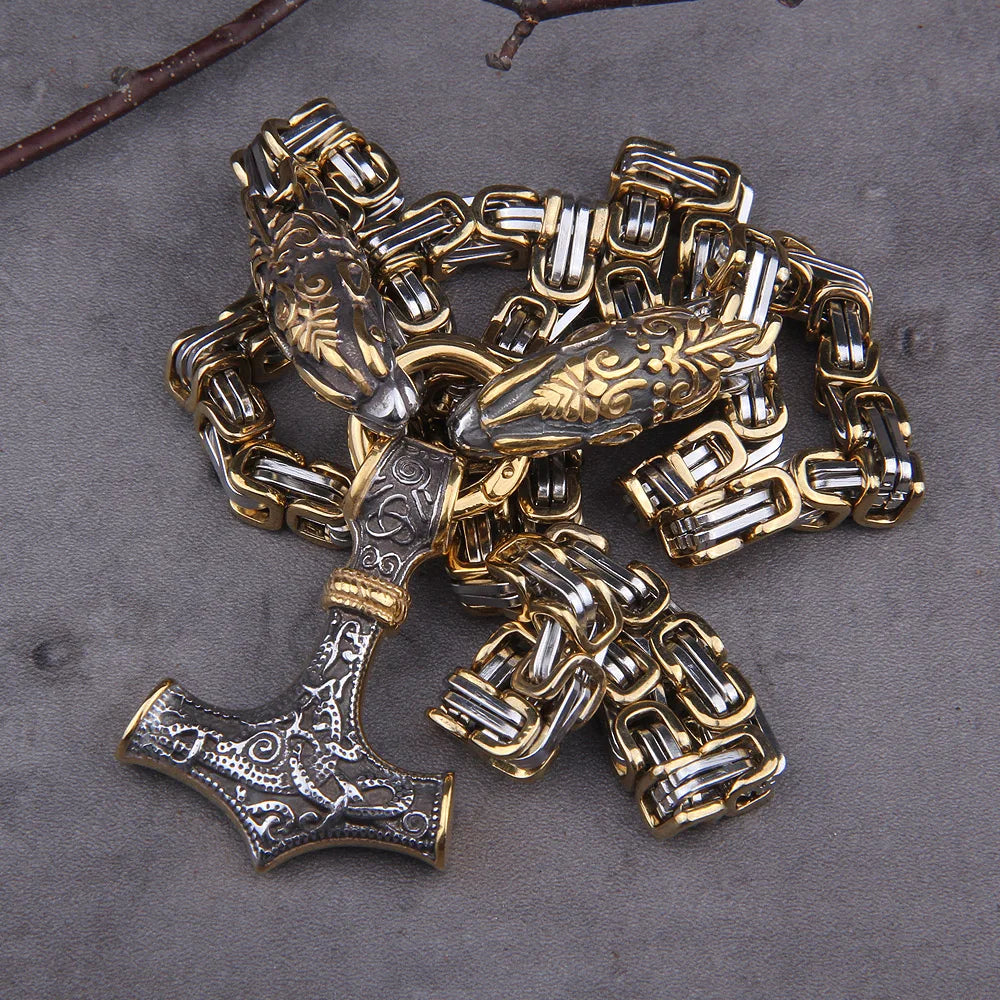 Men stainless steel Dragon head norse viking amulet thor hammer pendant necklace viking king chain Never Fade