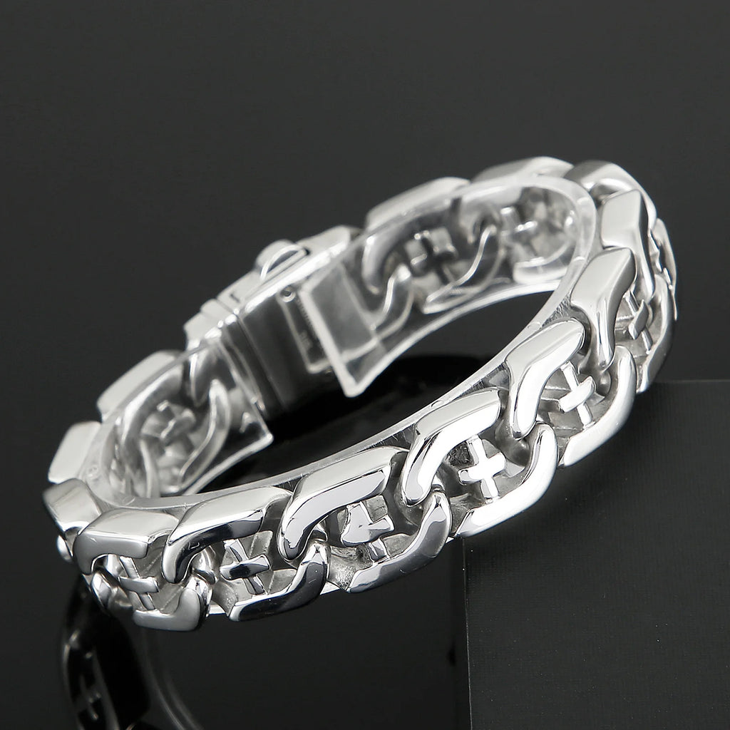 Fongten 21cm Cross Bracelets For Men Stainless Steel Cuban Link Chain Wristband Bangle Bracelets Silver Color Male