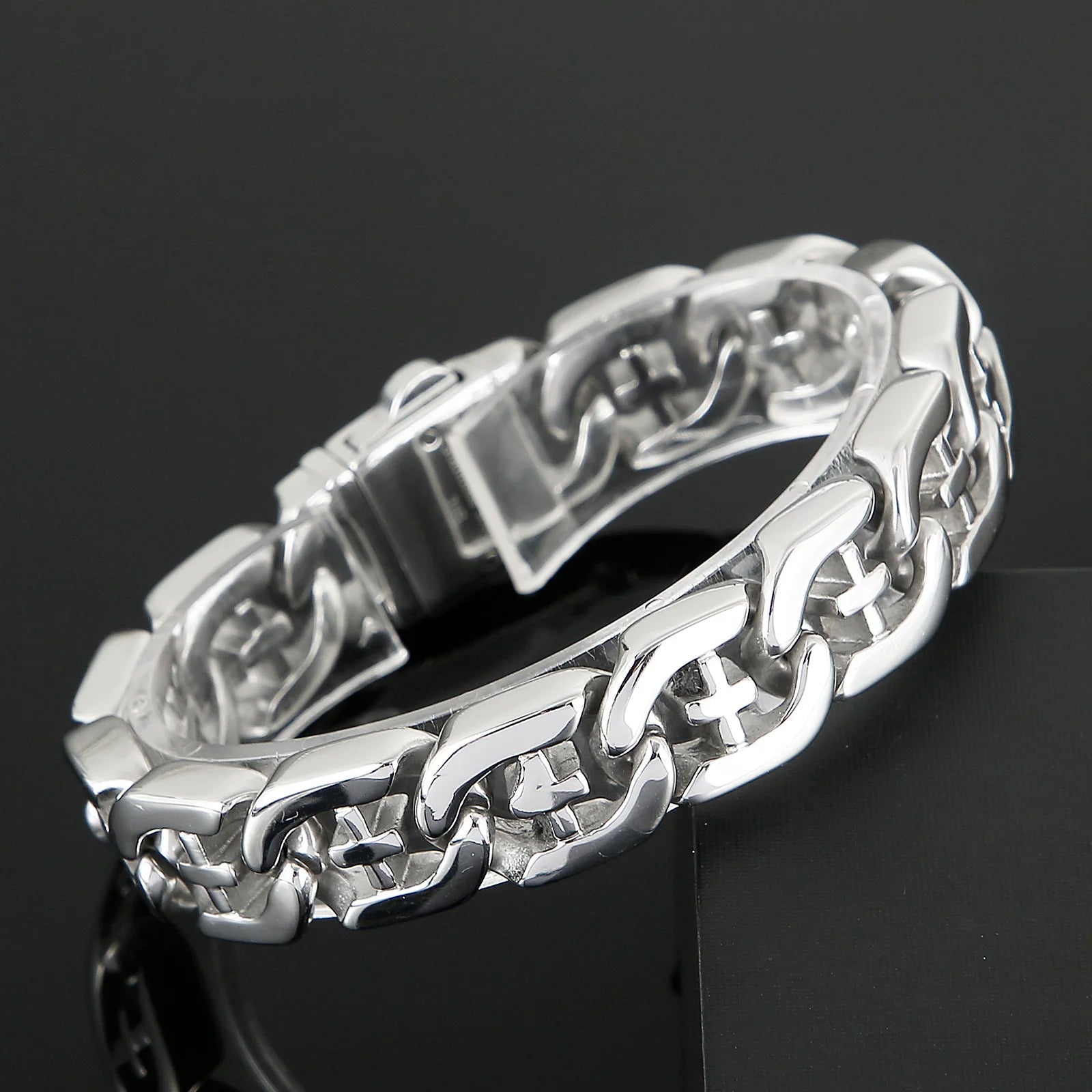 Fongten 21cm Cross Bracelets For Men Stainless Steel Cuban Link Chain Wristband Bangle Bracelets Silver Color Male