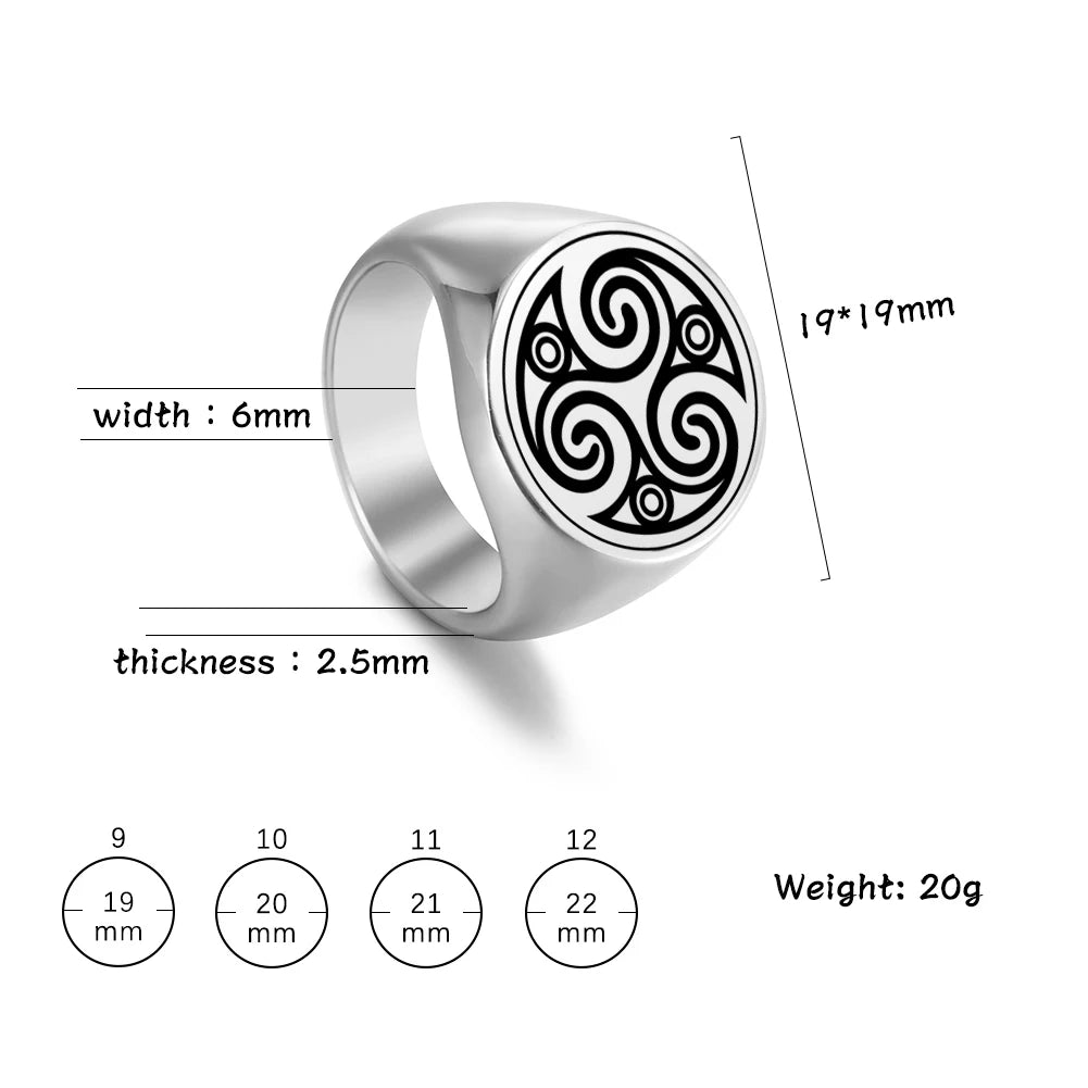 LIKGREAT Stainless Steel Rings for Men Triskele Triple Spiral Symbol Amulet Solomon Signet Ring Punk Occult Magic Pagan