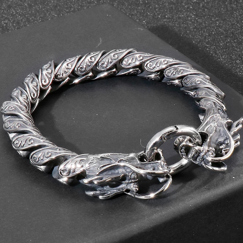 Vintage Chain Link Man Bracelet With Double Dragon Heads Solid Stainless Steel Friendship Men's Bracelets Old Metal