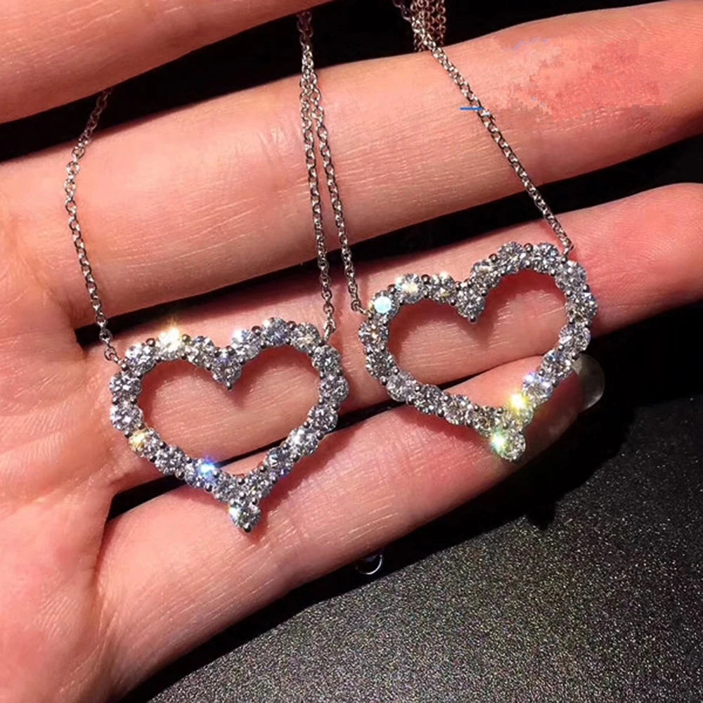 Huitan Delicate Hollow Heart Pendant Necklace Shiny Round Zircon Bridal Marriage Jewelry Versatile Statement Necklaces