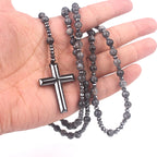 Ntural Rosary Tiger-Eye Lapis Lazuli Spectrolite Beads Long Necklace Hematite Cross Pendant Religious Jewelry