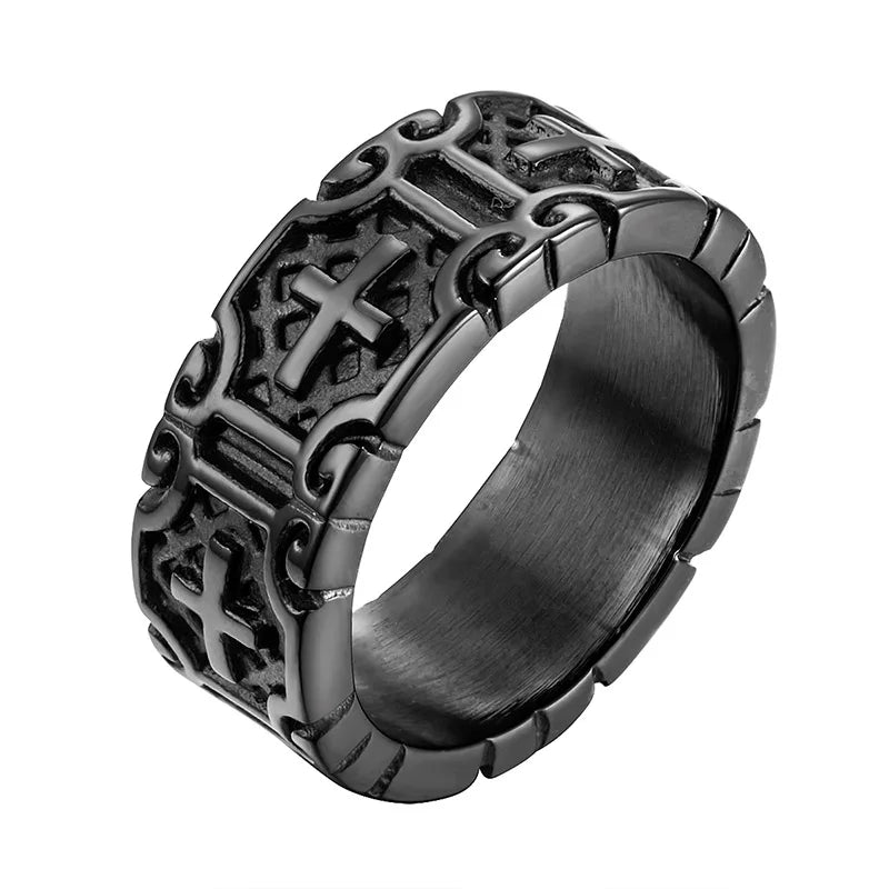 Valily Classic Retro Christian Jesus Cross Ring Stainless Steel Christian Believers Punk Rock Men's Round Rings Band
