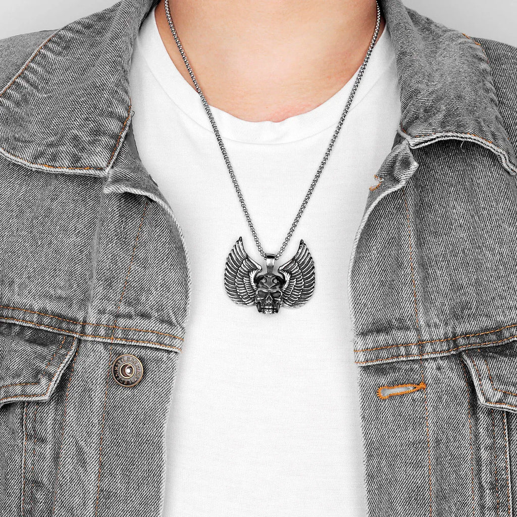 Fallen Angel Wings Skull Stainless Steel Men Necklaces Pendants Chain Punk for Boyfriend Male Jewelry Creativity Gift