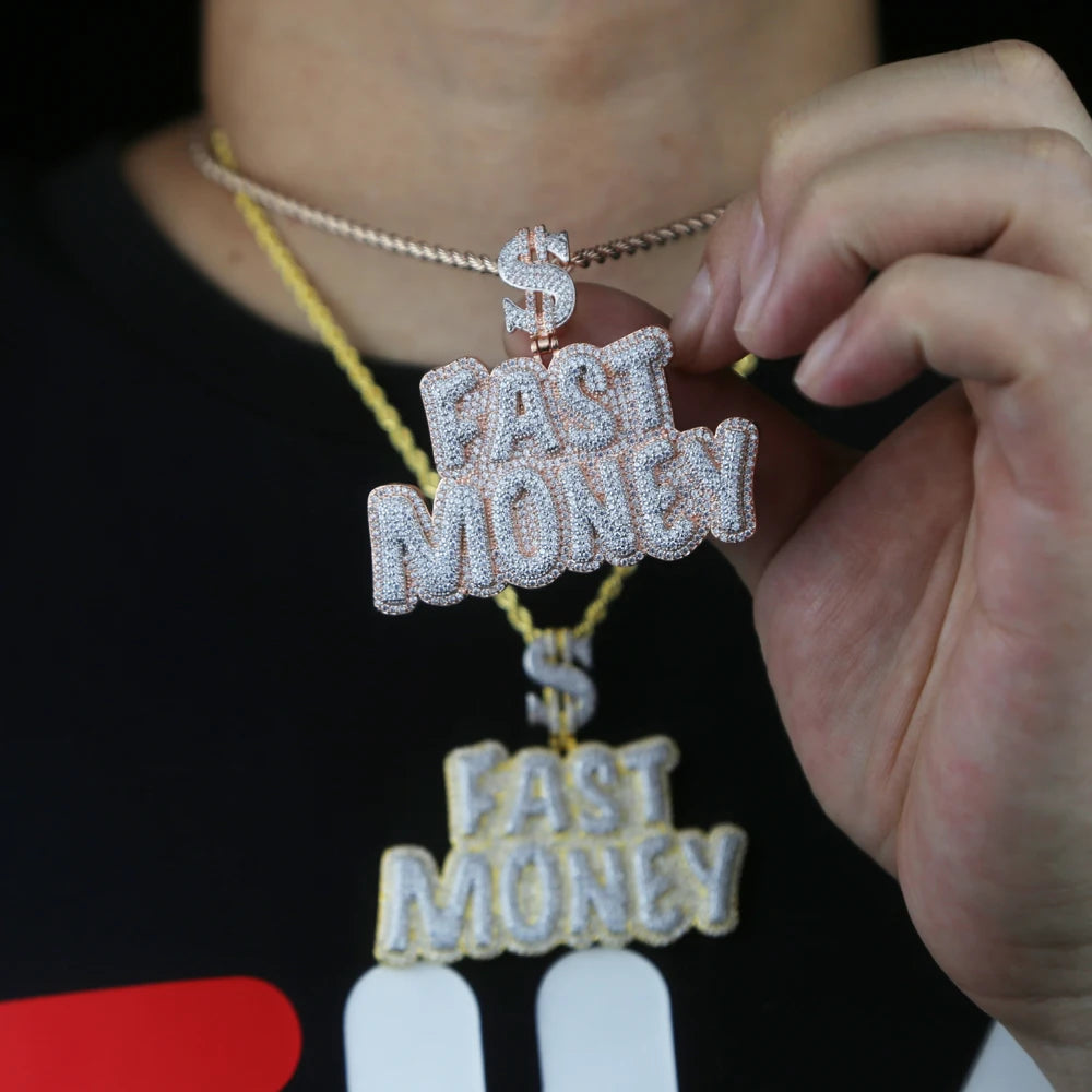 New Iced Out Bling Crown Letters Money Pendant Necklace Two Tone Color CZ Zircon Dollar Symbol Necklaces Men's Hip Hop Jewelry