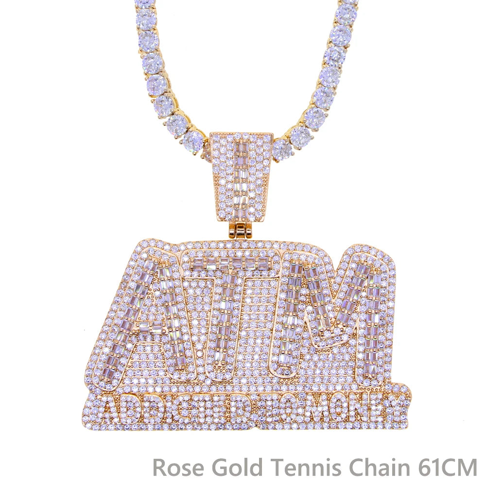 Iced Out Bling Letters ATM Addicted To Money Pendant Necklaces Gold Color AAA Zircon 5mm Tennis Chain Men's Hip Hop