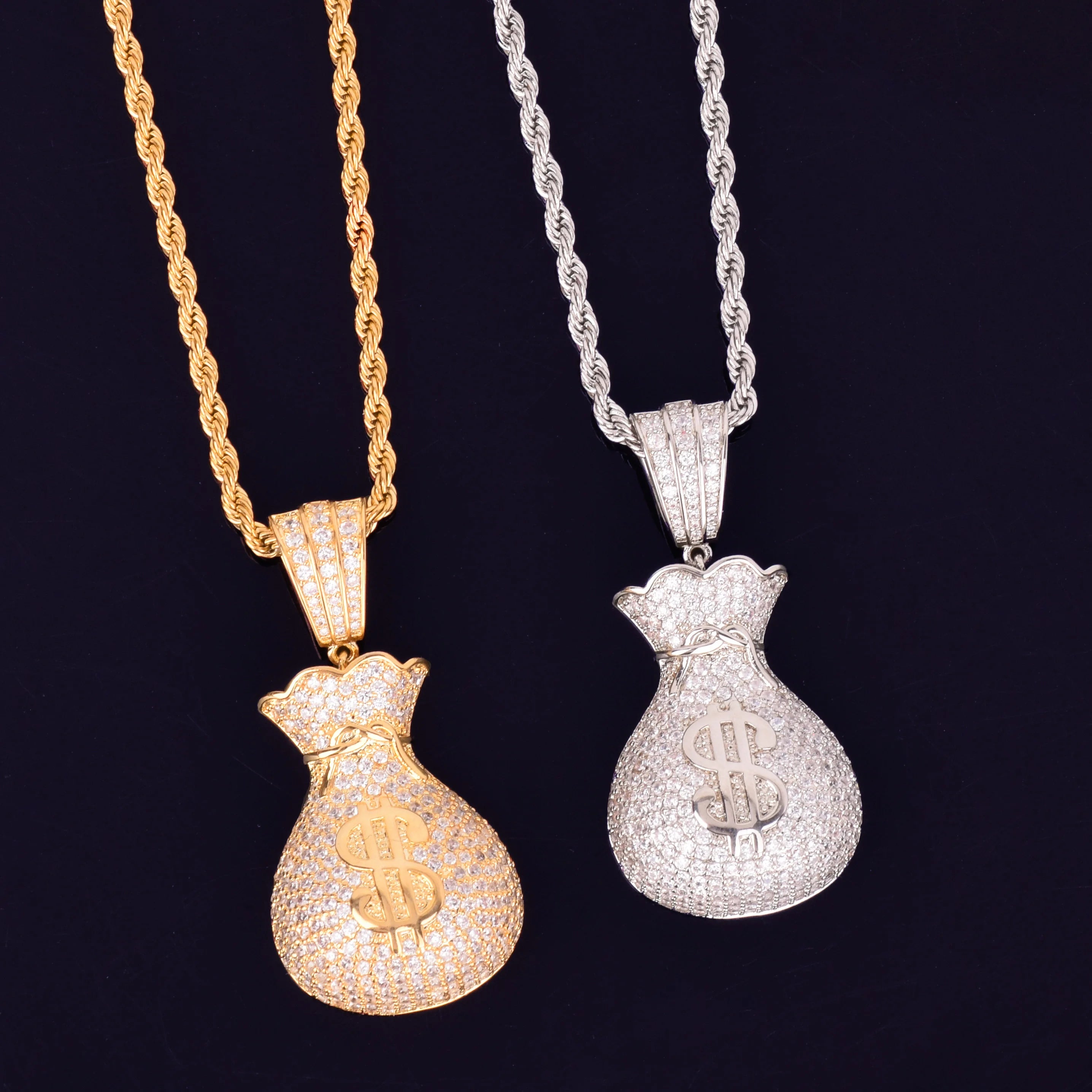 Men's Dollar Bag Pendant Necklace Gold Color Bling Cubic Zircon Hip Hop Rock Jewelry
