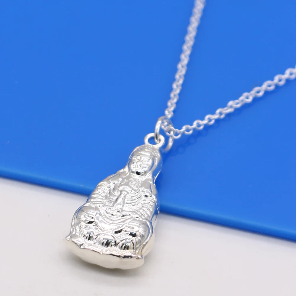 Chinese style Vintage Women's 925 Silver Necklace-Buddha Pendant Solid Silver O Chain Clavicle Necklace Collar Charm Jewelry