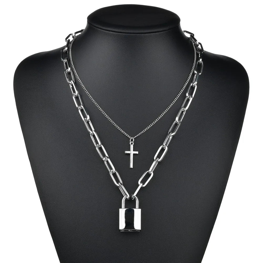 Two-Tone Lock Pendant Double Layer Chain Necklace