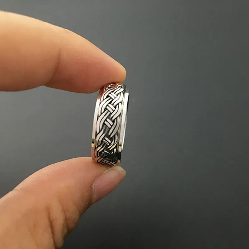 BOCAI New Real S925 Sterling Silver Jewelry Fashion Retro Thai Man Ring Hemp Rope Simple Rotating Turn to Good Luck