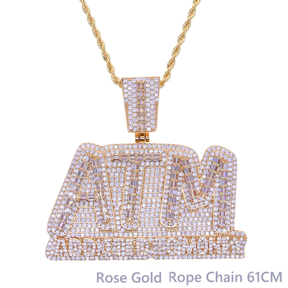 Iced Out Bling Letters ATM Addicted To Money Pendant Necklaces Gold Color AAA Zircon 5mm Tennis Chain Men's Hip Hop