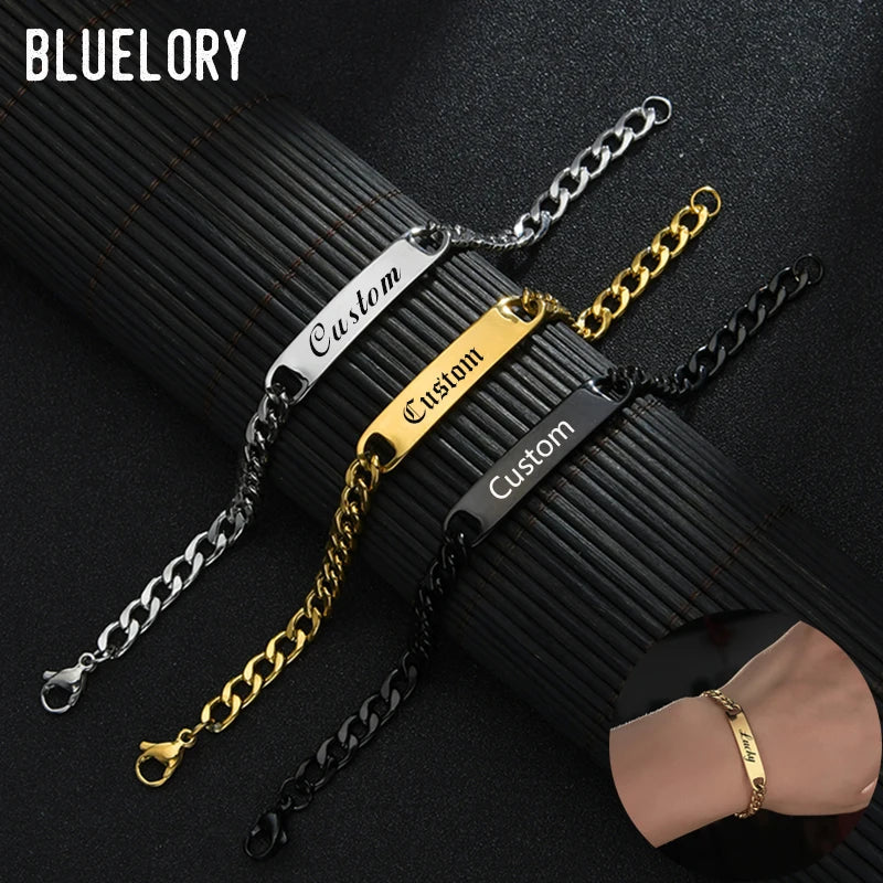 Bluelory Punk Stainless Steel Laser Engraved Name Custom Bracelets For Men Women Anniversary Gift