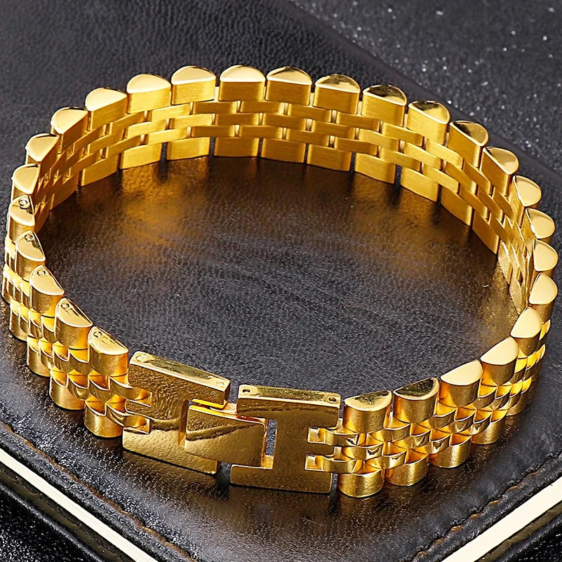 Gold Color Stainless Steel Man Bracelet for Women 15MM Wide Length Adjustable Chain Bracelets Men's Mannen Armband