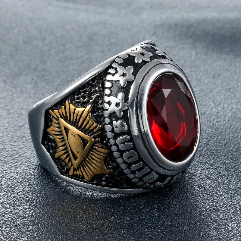 Vintage Gothic Style Big Black Red Blue Stone Ring For Men And Women Stainless Steel All Seeing Eyes Ring Baphomet Pagan Jewelry
