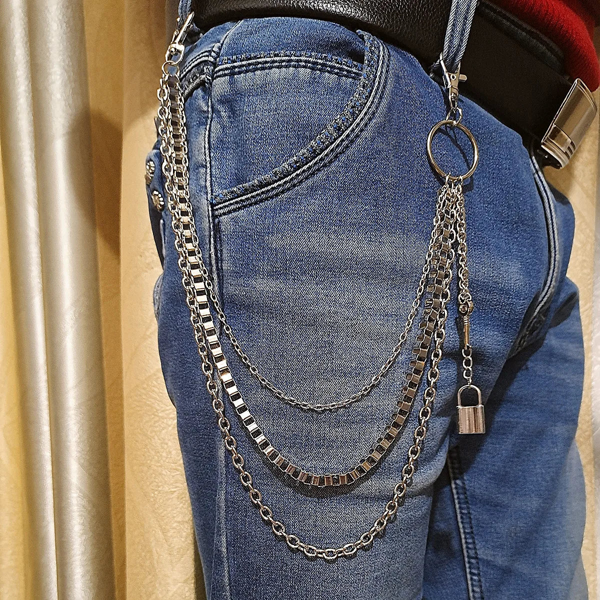 DIEZI Harajuku Vintage Car Jeans Pants Key Chain Ring Women Men Hip Hop Silver Color Lock Key Tassel Chain Pendant Chain For Bag