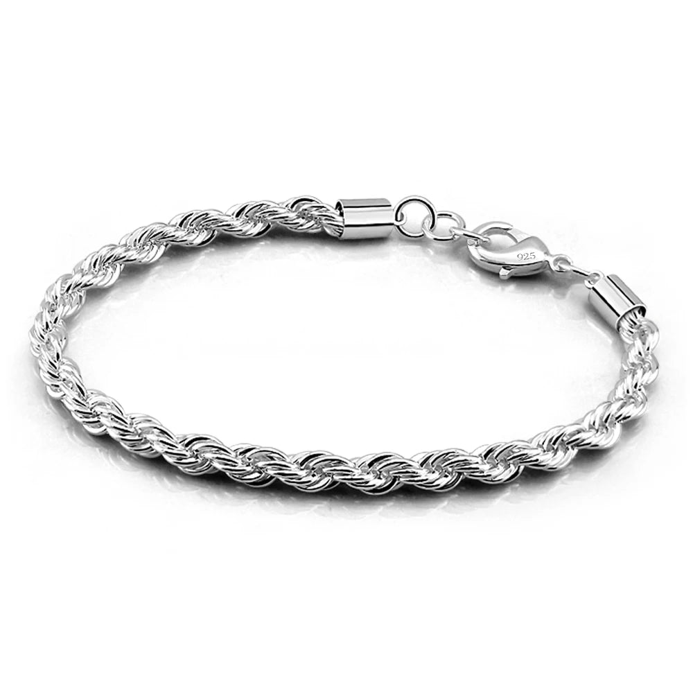 Fashion Men 100% Solid 925 Sterling Silver Bracelet Rope Chain 5MM 17-20CM Bangle For Man & Boy Cuff Jewelry Gift