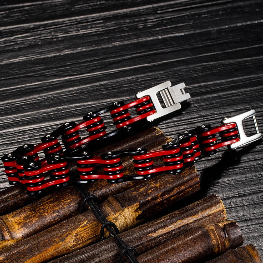 Rock And Roll Bicycle Chain Man Bracelet Red Stainless Steel Motorcycle Chain Men's Bracelets Jewelry