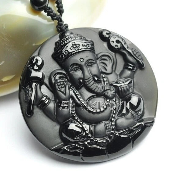 Black Obsidian Elephant Buddha Wealth Necklace — Black-Tone