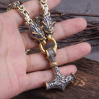 Men stainless steel Dragon head norse viking amulet thor hammer pendant necklace viking king chain Never Fade
