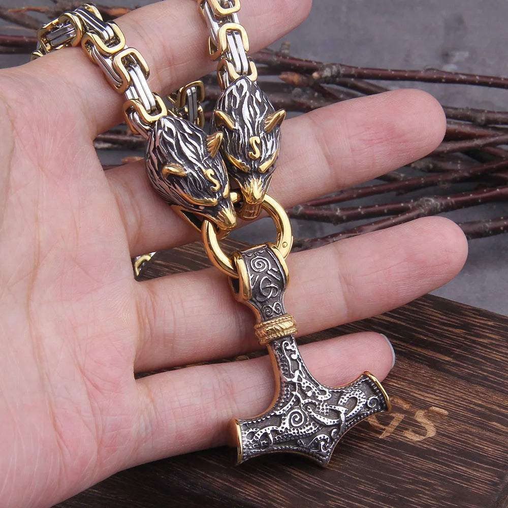 Men stainless steel Dragon head norse viking amulet thor hammer pendant necklace viking king chain Never Fade