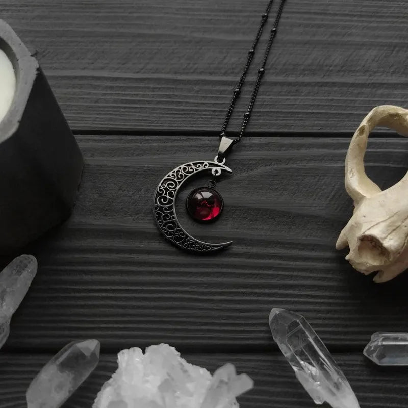 Goth Crescent Moon Necklace Dark Red Pendant Wiccan Witch Statement Mystical Charm Amulet Halfmoon Luna Vampire Jewelry
