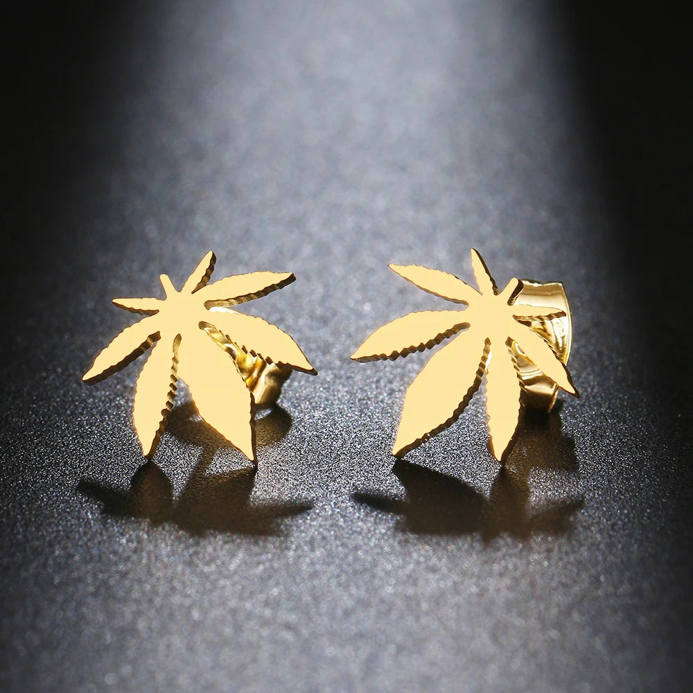 Maple Leaf Amulet Stud Earrings Silver Gold — Stainless Steel