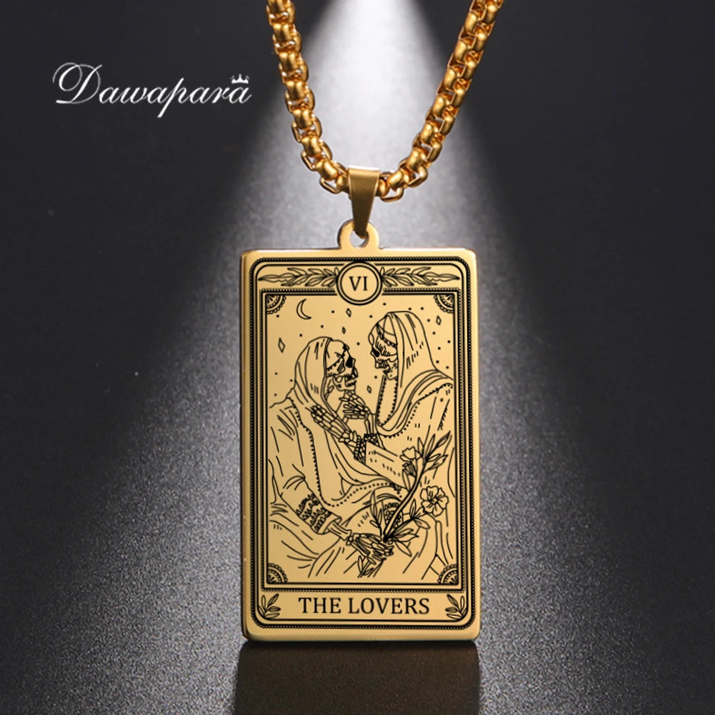 Dawapara Skeleton Tarot Necklace Amulet Marigold Tarot Card Major Arcana Necklaces Halloween Gift Stainless Steel