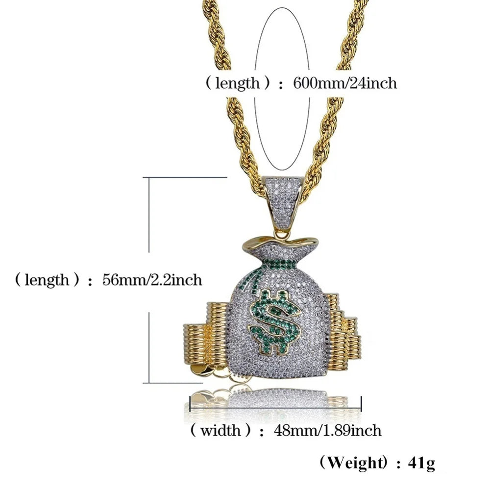 Hip Hop Punk Money Bag Pendant Necklace With Rope Chain Bling Cubic Zircon Necklace Cool Men's Rock Biker Jewelry Gift