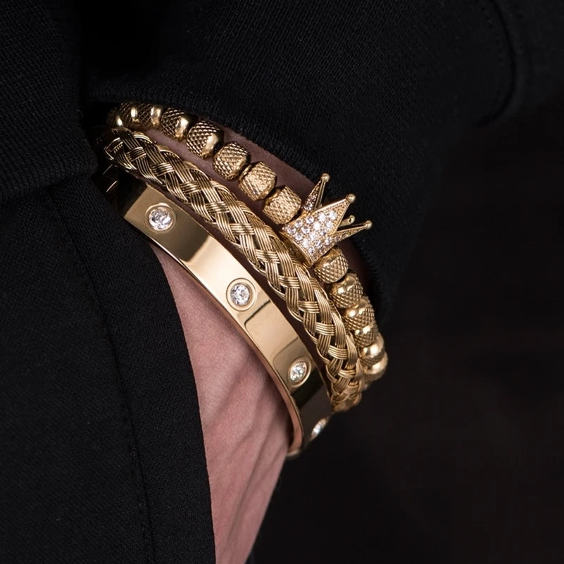 Luxury Micro Pave CZ Crown Roman Royal Charm Men Bracelets Stainless Steel Crystals Bangles Couple Jewelry Gift